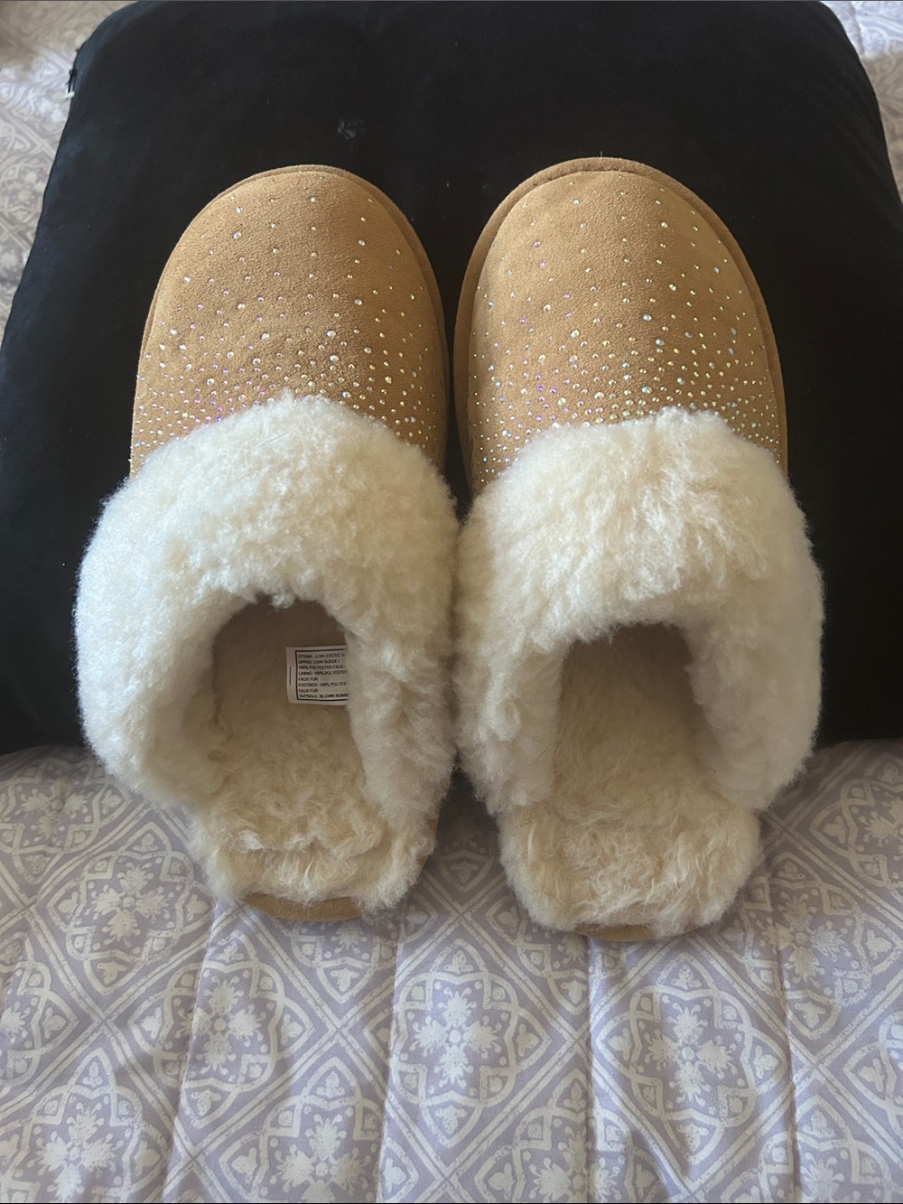 BearPaw Women's Loki Tan Slip-On Faux Shearling Mules with Crystal Accents